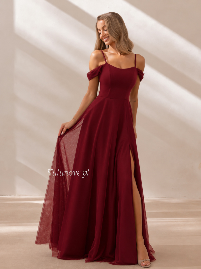 Cheryl - a burgundy maxi dress with a slit, tulle draped sleeves, and a lace-up back