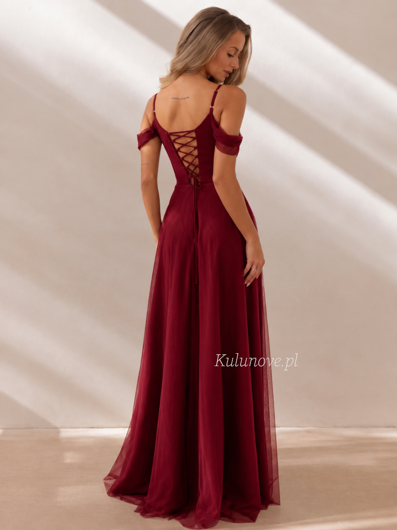 Cheryl - a burgundy maxi dress with a slit, tulle draped sleeves, and a lace-up back