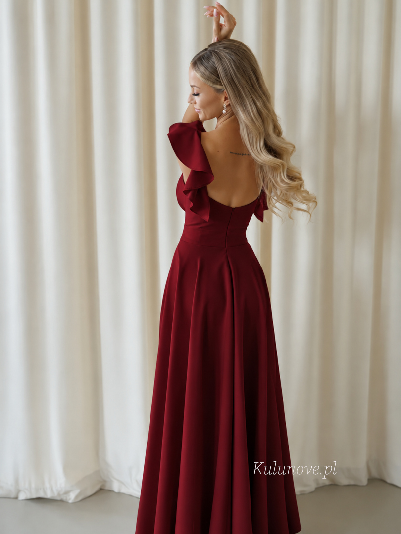 Evelina - maroon flared maxi dress with deep V neckline and ruffled straps