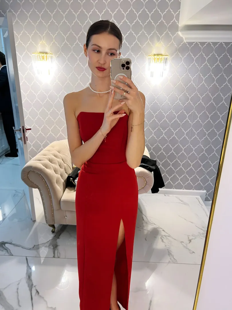 chinese dress ladies Mermaid Strapless Lace Long Prom Dress, Red Evening Party Dress main image 1