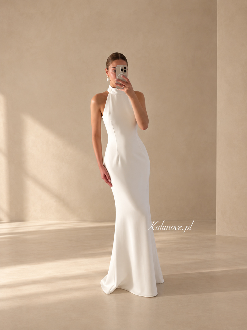 Meghan - minimalist elegant ecru fishnet dress with halter neckline
