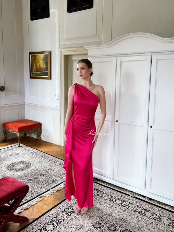 Chicago fuchsia - one shoulder satin dress with ties in several ways