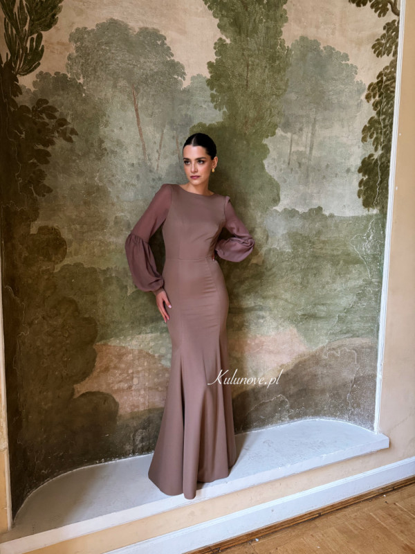 Jasmine - elegant dress in cappuccino shade with fishtail cut and chiffon sleeves