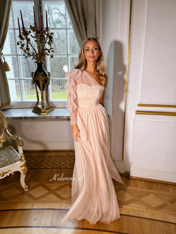 Savannah - A341 gold tulle maxi dress with brocade and asymmetrical sleeves