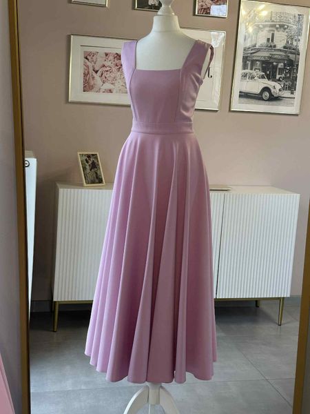 Karlie midi A394 - pink flared midi dress on wide straps with a karo neckline