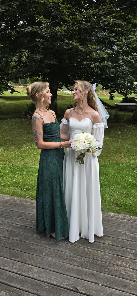 Florence - smooth ecru corset wedding dress with chiffon sleeves with frill trim