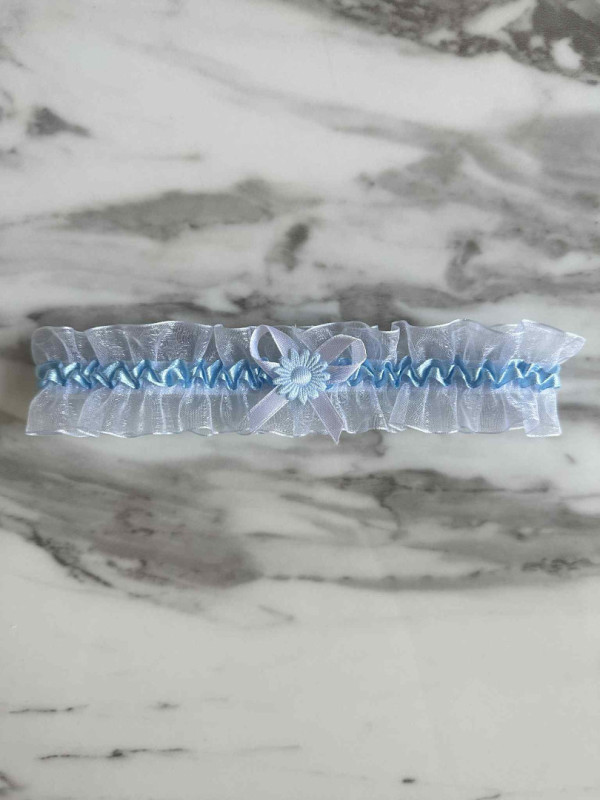 Blue chiffon wedding garter with blue elastic band and flower and white bow A356