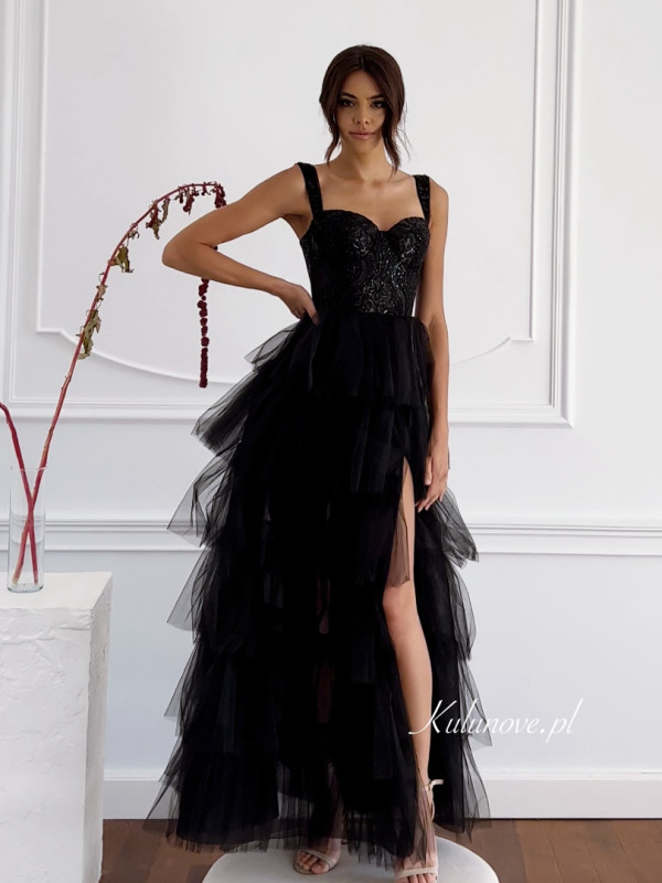 Octavia- A279 black long princess dress with ruffles and sequin bodice