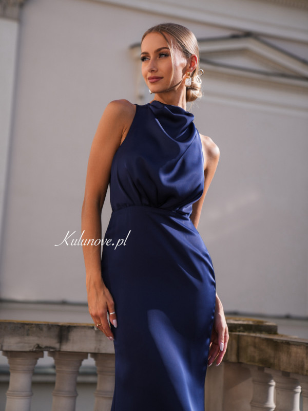 Aria A386 - elegant maxi dress in flowing satin in navy blue color