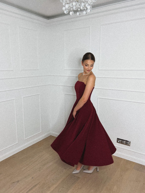 Bridget - burgundy straight medium length strapless dress