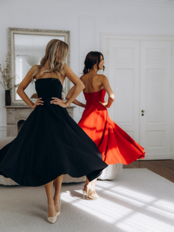 Bridget - black corseted flared midi dress