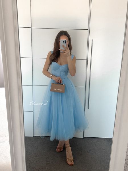 Promise midi A365 - blue airy strapless dress with padded bodice