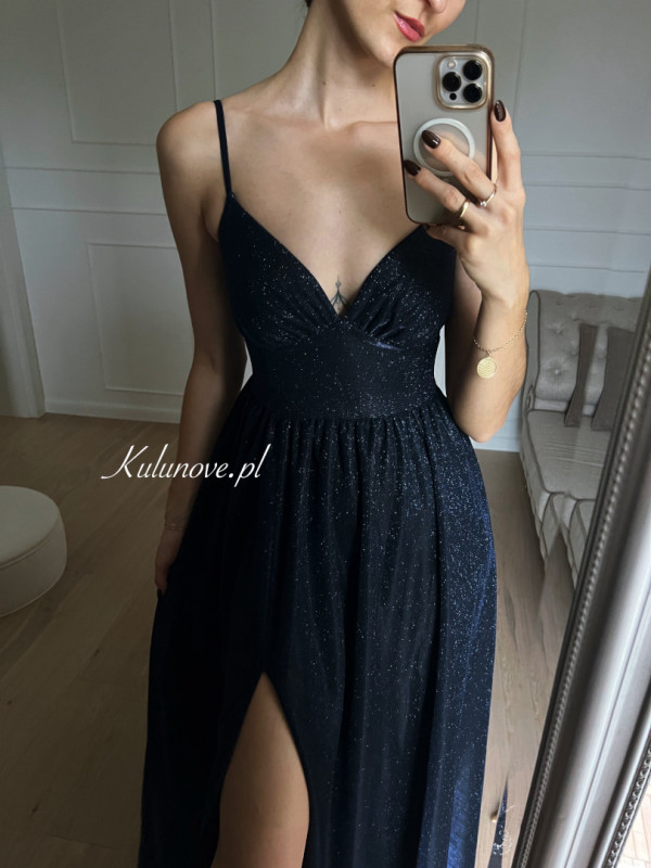 Lessa A348 - long navy blue brocade dress with thin straps