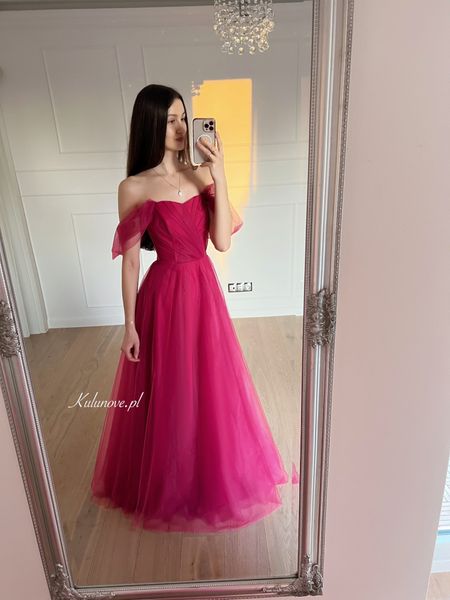Selena A394 - long corset tulle gown in fuchsia with falling sleeves