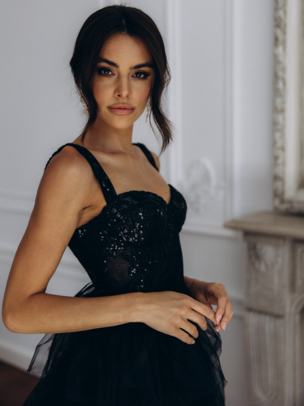Octavia A353 - black long princess dress with ruffles and sequin bodice