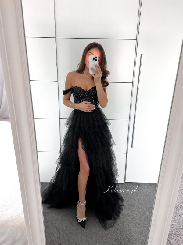 Octavia II - black long sequin corset dress with ruffled bottom
