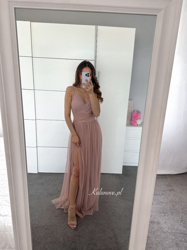 Zuri A355 - powder pink delicate viscose dress made of tulle on thin straps