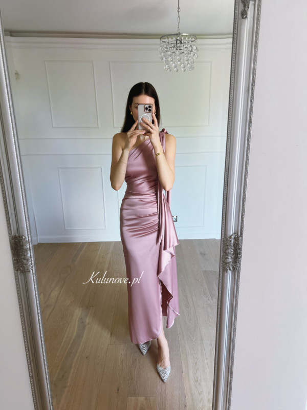 Chicago - pink satin one-shoulder dress with frill trim