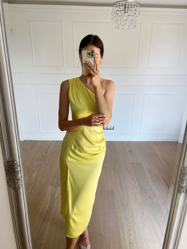 Ariela - lemon satin one shoulder midi dress