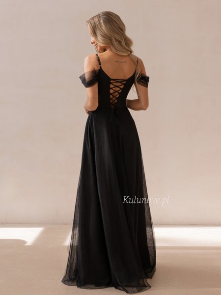 Cheryl - black maxi dress with a slit, tulle sleeves, and a tie-front bodice
