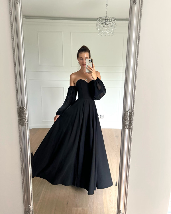 Florence - black flared corset maxi dress with buff chiffon sleeves