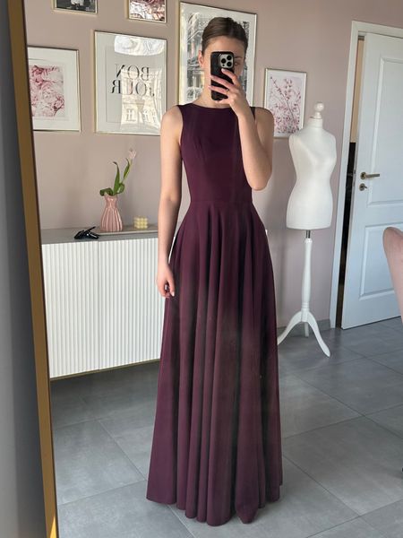 Prima A361 - plum simple dress sewn on wide circle with halter neckline