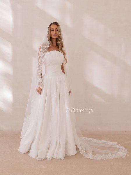A cathedral-style wedding veil in a light ecru shade, adorned with delicate French lace