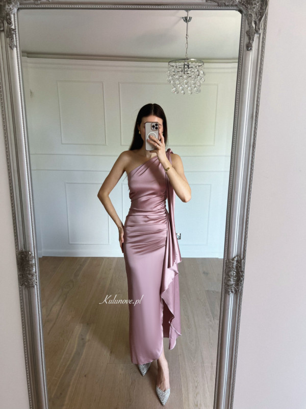 Chicago - A218 pink satin one-shoulder dress with frill trim