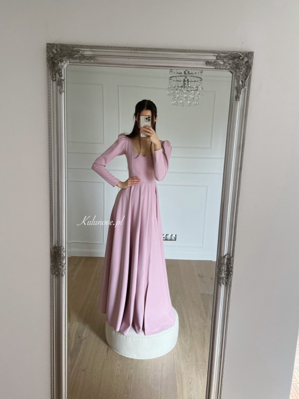 Julia - pink long retro style dress with long sleeve buffets