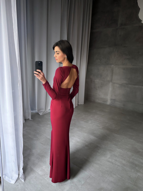Zenaida - elegant maroon long sleeve dress with striking back neckline