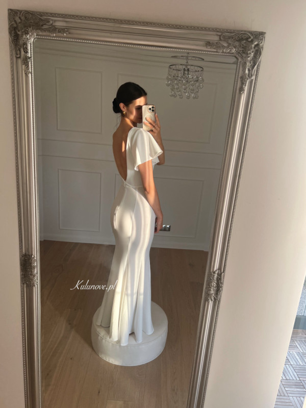 Brenda - a simple short sleeve fisherman's wedding dress with a deep neckline on the back