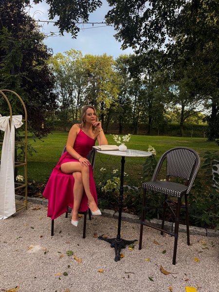 Miami - long asymmetrical fuchsia colored one shoulder dress