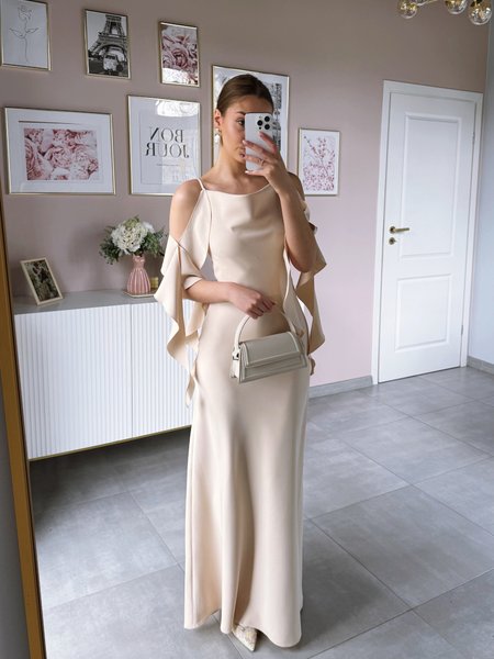 Nebraska A351 - a chic maxi dress in a shade of beige with artistic shoulder straps