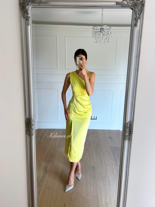 Ariela - lemon satin one shoulder midi dress