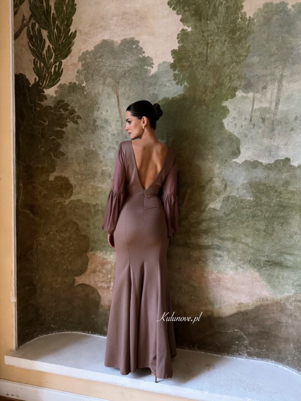 Jasmine - elegant dress in cappuccino shade with fishtail cut and chiffon sleeves