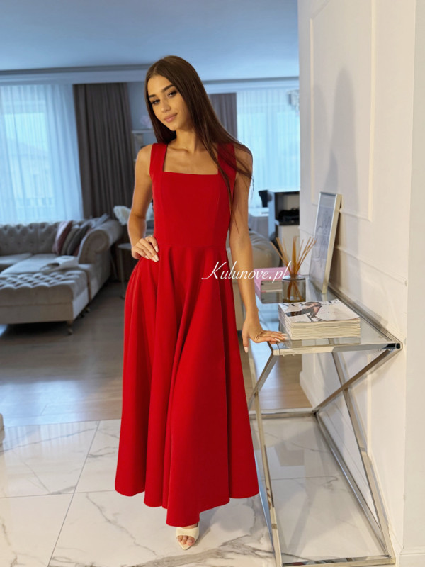 Karlie midi red - flared midi dress with karo neckline