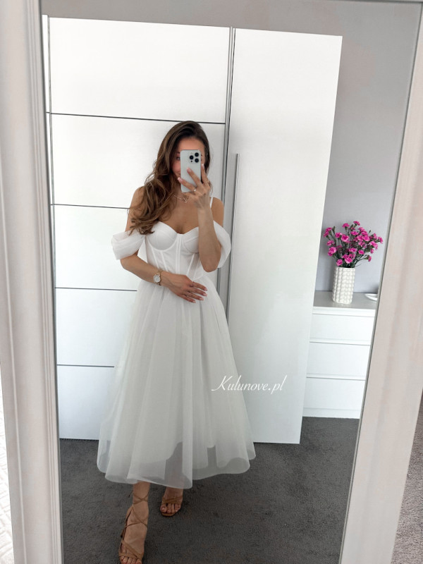 Camila A366 - wedding midi dress on thin straps with falling sleeves