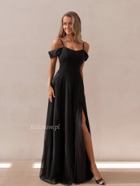 Cheryl - black maxi dress with a slit, tulle sleeves, and a tie-front bodice