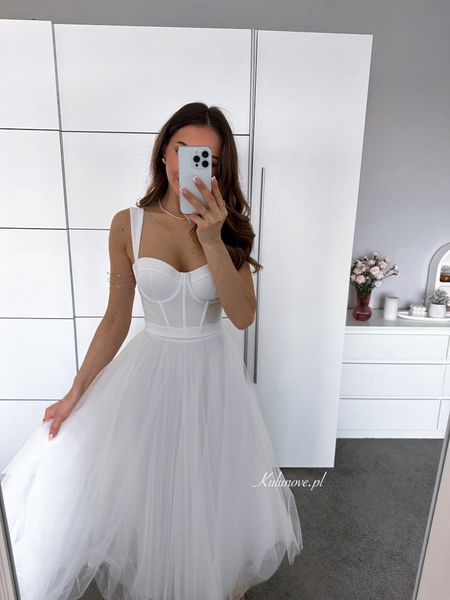Promise Midi A365 - a strapless midi wedding dress with a structured bodice