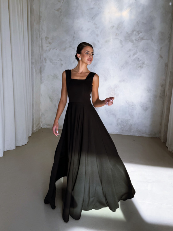 Karlie - black flared dress with karo neckline on thicker straps