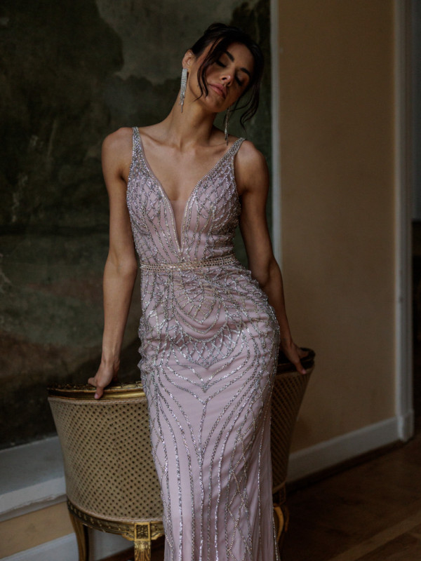 Ingrid - heavily embellished premium dress in dirty pink with straps and back neckline