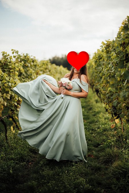 Angelina maxi - elegant sage dress with open shoulders, dropped sleeves and a flared bottom