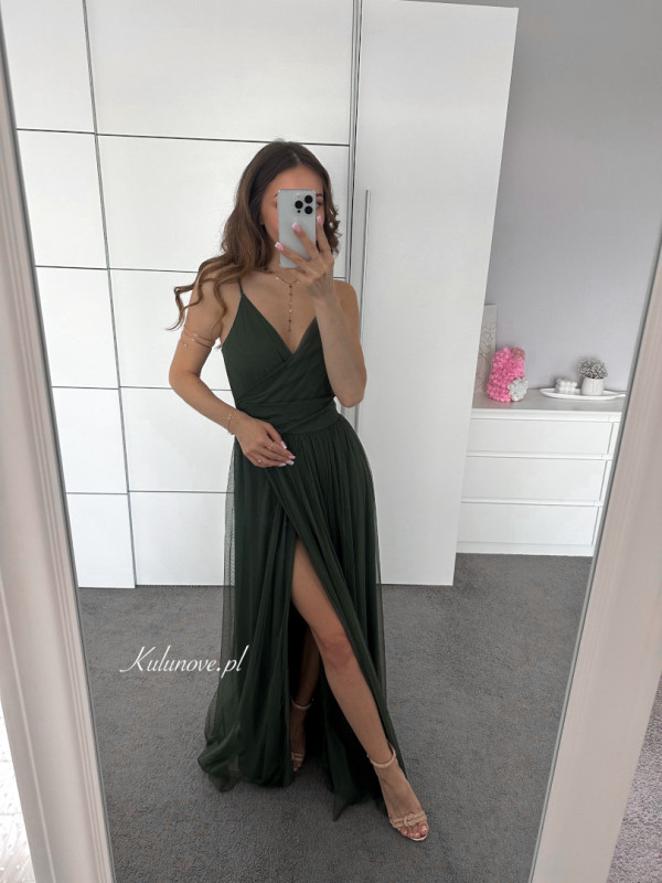 Zuri A362- airy long olive tulle thin strap viscose dress