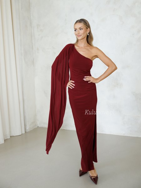 Grace A372 - an elegant burgundy one-shoulder maxi dress with a striking embellishment