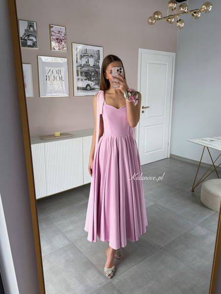 Scarlet - light pink flared midi dress with shoulder ties