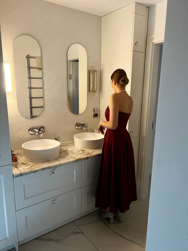 Bridget - burgundy straight medium length strapless dress