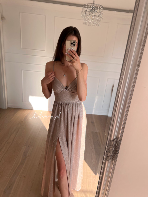 Lessa A382 - glittering gold maxi dress with brocade on thin straps