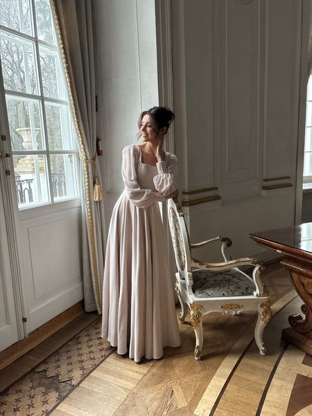 Lea A397 - light beige spread dress with elegant crimson neckline and chiffon sleeves