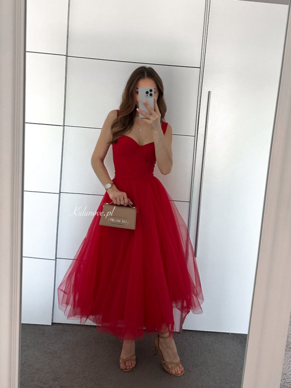 Promise midi - red flared strapless corset dress