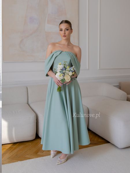 Abby - sage chic open-shoulder midi dress for wedding